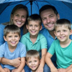 family feels secure under the protective umbrella of insurance. [A vibrant illustration of a family standing together under a large, colorful umbrella, symbolizing protection and security.]