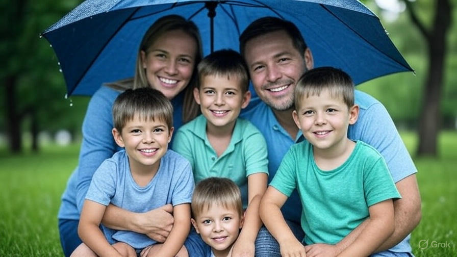 family feels secure under the protective umbrella of insurance. [A vibrant illustration of a family standing together under a large, colorful umbrella, symbolizing protection and security.]