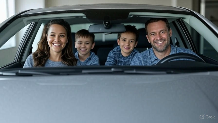 A family smiles confidently in their car, protected by the right insurance coverage.